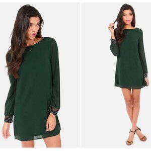 Lulus Bead Reputation Dark Green Shift Dress Long Sleeve Dress size M